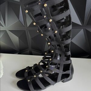 Marc Fisher Black Gladiator Sandals with Gold Studs